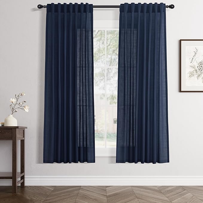 Jowels Navy Linen Curtains 63 Inch Long 2 Panels for Living Room | Navy Blue Light Filtering Semi Sheer Curtain,Back Tab Pocket Pleated Look,Boho Textured Privacy Drapes for Bedroom Window