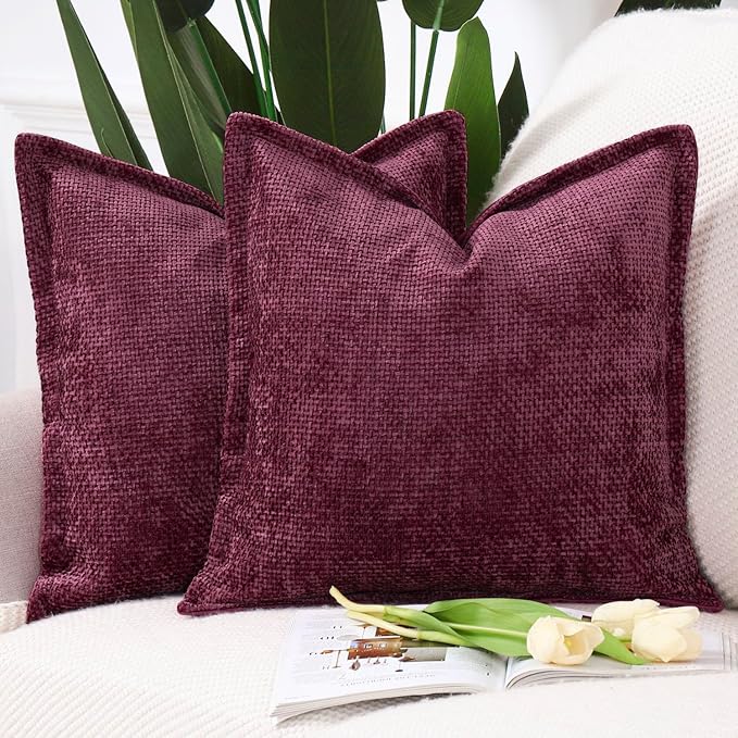 MADIZZ Decorative Chenille Velvet Throw Pillow Covers Set of 2 Soft Boho Textured Neutral Couch Throw Pillow for Bed Modern Farmhouse Home Decor for Sofa Livingroom Burgundy 20x20 Inch