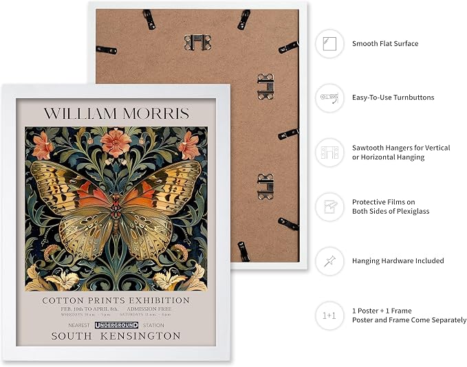 Monem Art William Morris Poster - Butterfly Print - Flower Art - Botanical Poster - Moth Illustration - Floral Creation - Aesthetic Living Room Decor - 16x20 White Framed