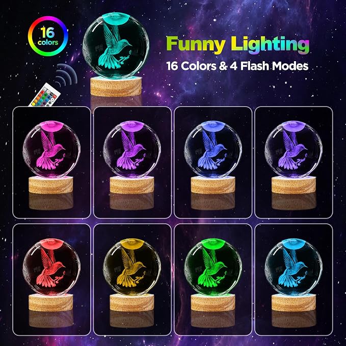 3D Hummingbird Crystal Ball Night Light 3.15 inch Hummingbird Figurines Glass Ball Lamp with 16 Color Changing and Remote Hummingbird Decor Gifts Ideal for Women Friends Christmas Birthday