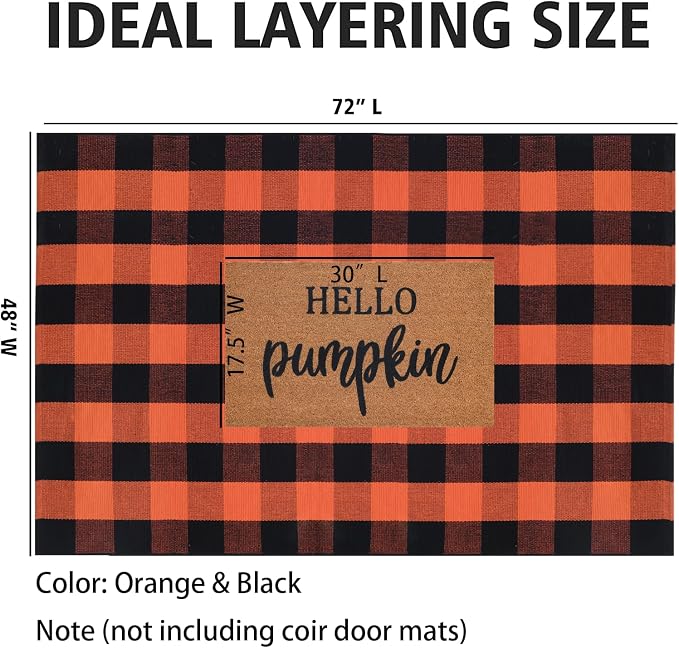 Orange and Black Plaid Rug, 4' x 6' Fall Outdoor Front Door Decor Mat, Cotton Washable Hand-Woven Rug for Layered Doormat, Autumn Halloween Thanksgiving Carpet for Porch, Entryway