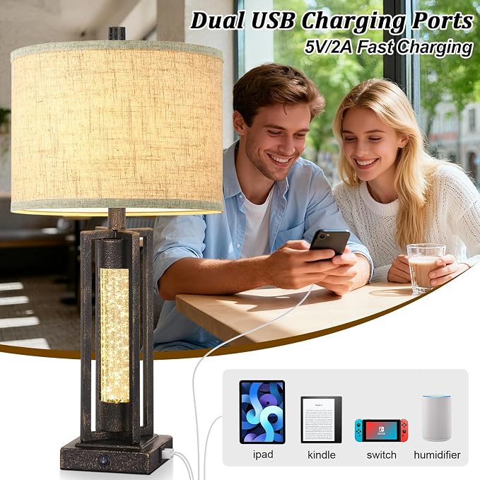 TOBUSA 26" Bronze Farmhouse Table Lamps Set of 2 with Crystal Night Light