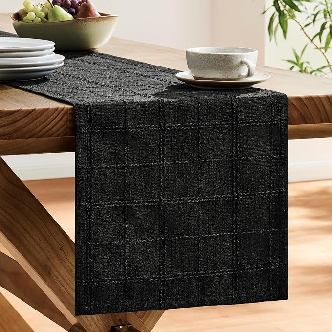ZeeMart Linen Checked Farmhouse Table Runner, 13x72 Inches Black | Raised Grid Design, Rich Woven Texture, Linen Blend Table Runners 72 Inches Long, Machine Washable, Boho Home Kitchen Decor