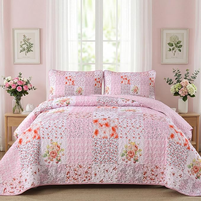 Mybedsoul Boho Quilt King Size, Patchwork Bedding Set, Pink White | Soft Lightweight Microfiber Floral Coverlet Set, 3 Pieces Plaid Bedspread, Bed Sets for All Seasons 90"x110"
