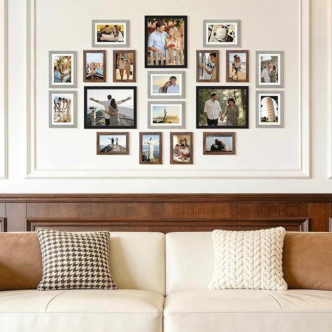 upsimples Picture Frames set of 19, Including 8x10, 5x7, 4x6 Rustic Frame | Black Brown Gray Multi Picture Frames Collage Wall Decor , Gallery Wall Frame Set, Gift For Christmas, Mothers' day, Wedding