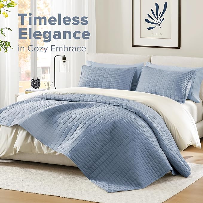 Comfort Spaces Oversized Bedspread King Quilt Set 3 Piece 120 x 118 Blue | Coverlet for Summer Soft Cozy Lightweight All Season Quilted Extra Layer with Matching Sham, Bedroom Decor OEKO-TEX Certified