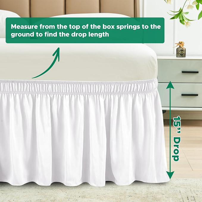 Wrap Around Queen Size Bed Skirt 15 Inch Drop-Elastic Dust Ruffle White | Adjustable Pleated Bedskirt-Easy Fit Wrinkle Resistant Washable Hotel Quality Fabric Bed Skirting-Master Guest Bedroom Rental
