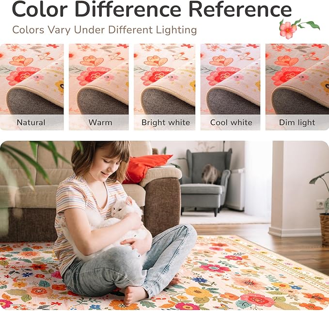 Washable Floral Area Rug for Living Room 2x3 Pink Beige | Non-Slip，Vacuum-Friendly, Low Pile, Flower Carpet for Bedroom Kitchen Entryway Dining Room Office Nursery
