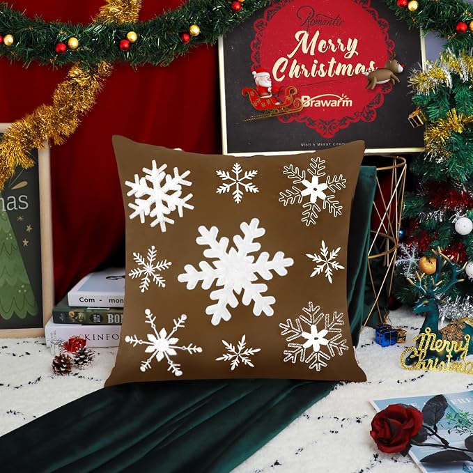 BRAWARM Christmas Pillow Cover 20 X 20 Inches, Brown Snowflake Embroidered Pillow Cover, Soft Velvet Decorative Throw Pillow for Couch Bed Sofa Living Room Home