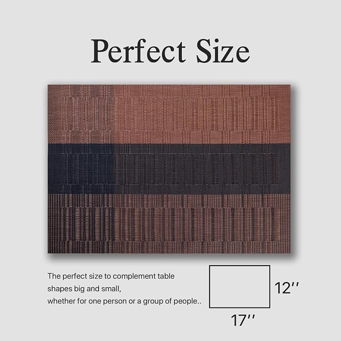 Placemats Set of 6 - Easy Clean Woven Vinyl Placemats for Dining Table, Indoor/Outdoor Place Mats, Washable PVC Table Mats （Ombre Brown Black）