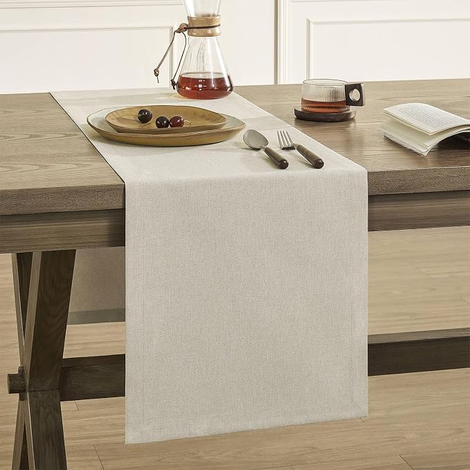 ZeeMart Basic Linen Style Table Runner, 14x60 Inch Raw Linen | Mitered Corner Design, Medium Weight Fabric, Rustic Farmhouse Style, Machine Washable Easy Care Everyday Table Scarf