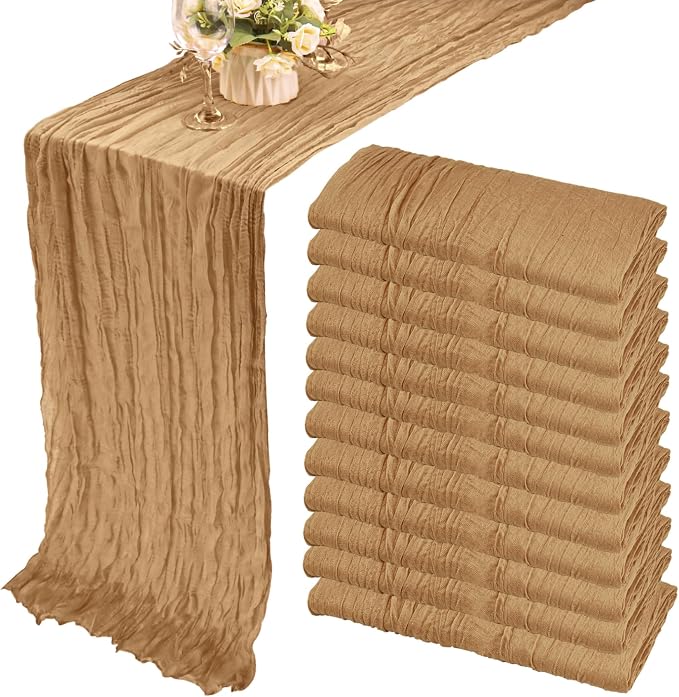 12 Pack 10Ft Cheesecloth Table Runner 35x120 Inch Boho Gauze Table Runner Rustic Cheese Cloth Long Table Runner Romantic Table Runner for Wedding Bridal Shower Birthday Party Table Decor (Nude)
