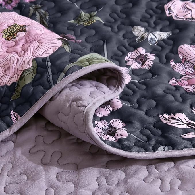 Litanika Floral Dark Purple Quilt Set- 3Pcs Botanical Birds Pattren Bed | Super King Bedspread Summer Lightweight Soft Coverlet with Pink Flower for All Seasons (120"x120")