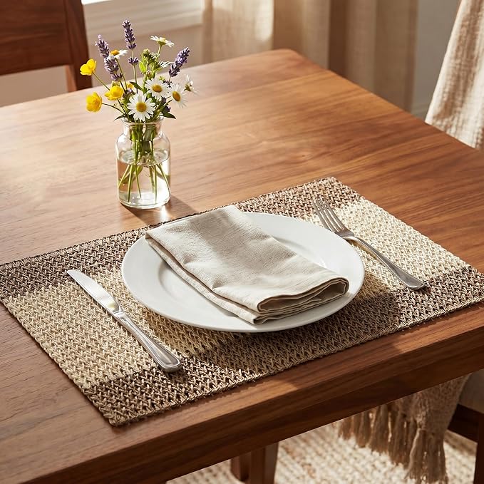 Artoid Mode Brown Paper Woven Farmhouse Stripe Placemats Set of 4,12x18 Inch Seasonal Holiday Table Mats Party Kitchen Dining Decoration