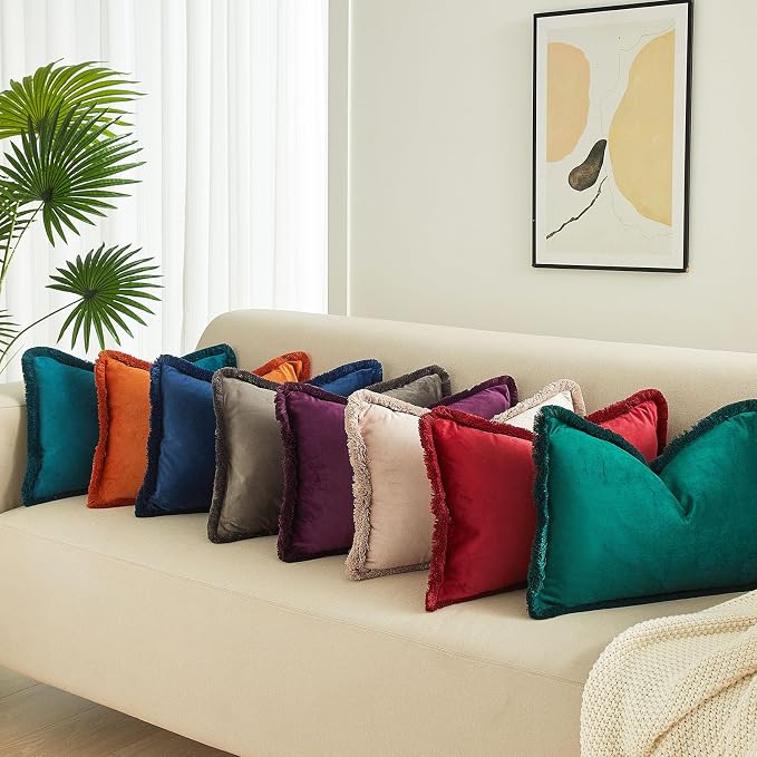 JUSPURBET Pack of 2 Ash Decorative Fringe Velvet Throw Pillow Covers 16x16 for Home Decor Living Room Bedroom Car Boho Soft Cushion Cover with Hidden Zipper Machine Washable