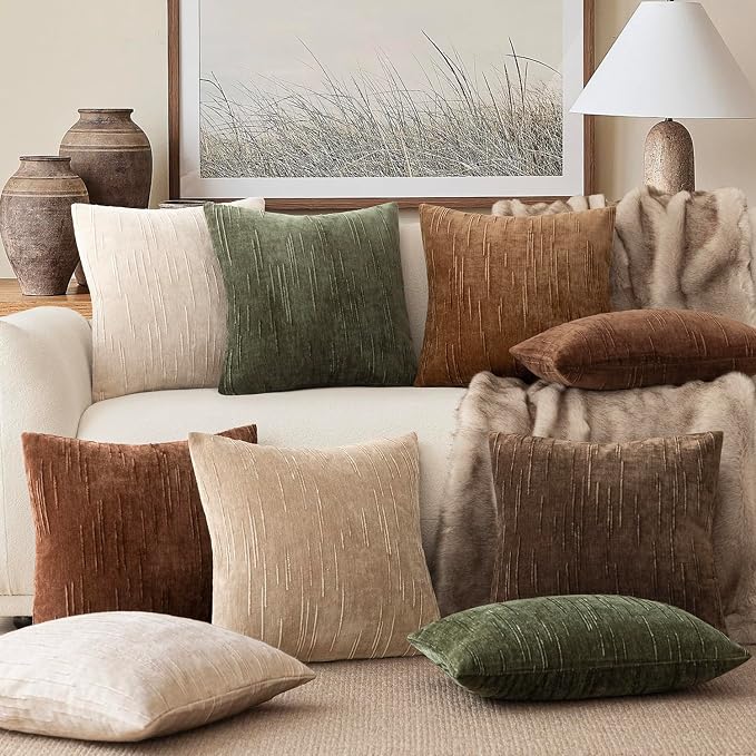 Foindtower Pack of 2 Slubby Textured Chenille Throw Decorative Pillow Covers Square Accent Solid Cushion Cover Neutral Farmhouse Pillow Case for Couch Sofa Bedroom Living Room 22x22 Inch,Khaki Camel