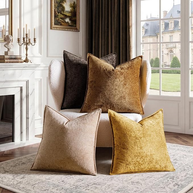 a moment Throw Pillow Covers 18X18 Inch 4 Packs,Soft Velvet Decorative Pillow Cases with 3D Ice Flower,Texture Modern Accent Cushion Covers for Sofa Couch Home Decor Dusty Gold