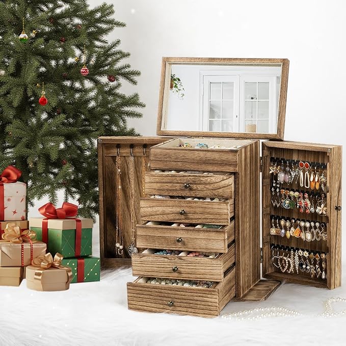 Emfogo Wooden Jewelry Box for Women, 6-Tier Large Jewelry Organizer Boxes with Mirror Rustic Solid Wood jewlery Storage Display for Rings Earrings Necklaces Bracelets watches(Carbonized Brown)