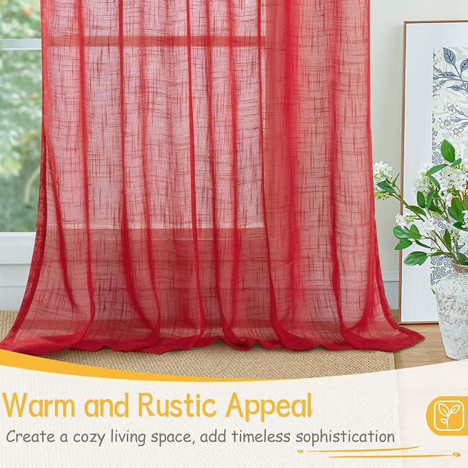 YoungsTex Red Linen Semi Sheer Curtains 84 Inch Length - Light Filtering Drapes with Back Tab Rod Pocket Lightweight for Dining Living Room Window, 2 Panels, 52 X 84 Inch