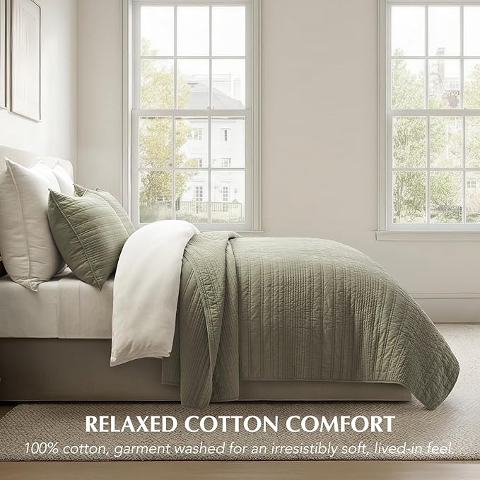EVERGRACEHOME 100% Cotton Modern Lines Quilt Set King Size, Light Sage | Pre-Washed Soft Cotton, Striped Coverlet Bedspread, 3 Piece Lightweight Bedding Set for All Season, with 2 Pillow Shams