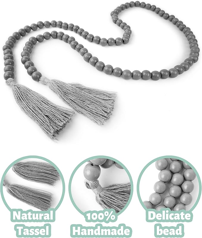 Grey Wooden Bead Garland with Tassels, 61 Inch