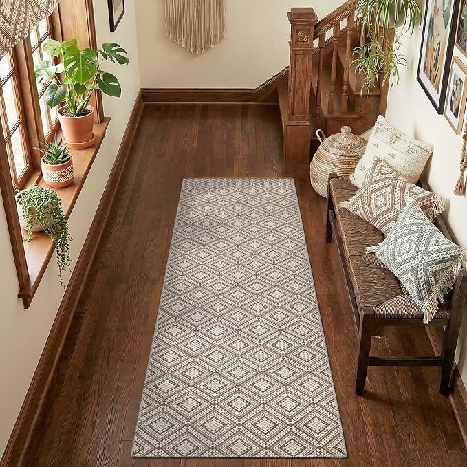 jinchan 2x6 Faux Jute Runner Rug Washable Hallway Rug, Stone Taupe | Vintage Geometric, Non-Slip, Low Pile, Indoor Outdoor, High-Traffic, Kitchen, Bathroom, Laundry, Porch, Balcony, Entryway