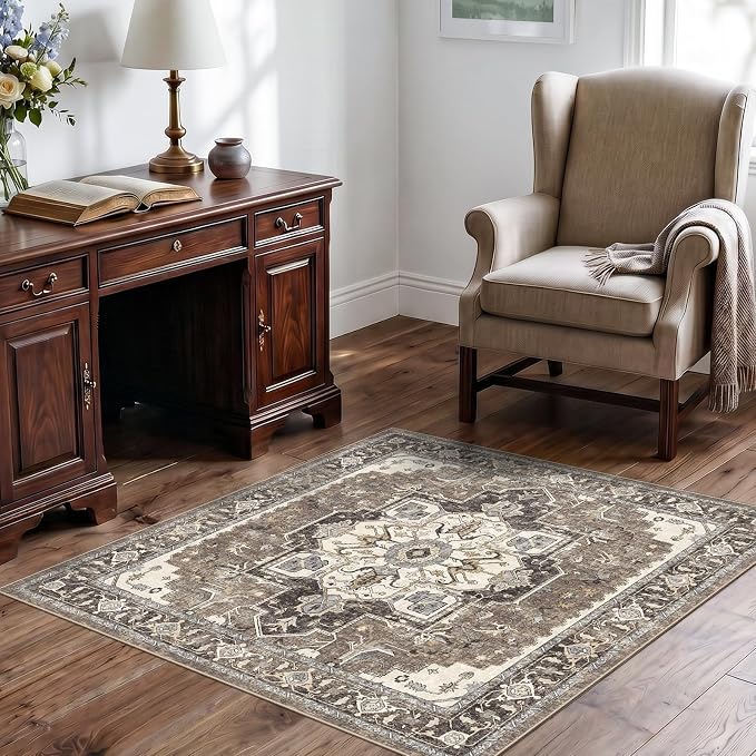 Washable 3x3 Square Rug Entry: Vintage Throw Rugs with Non-Slip Rubber Backing Soft Thin Stain Resistant Carpet for Kitchen Bedroom Entrance Home Decor Floor Mat for Living Room Bathroom (Beige,3x3)