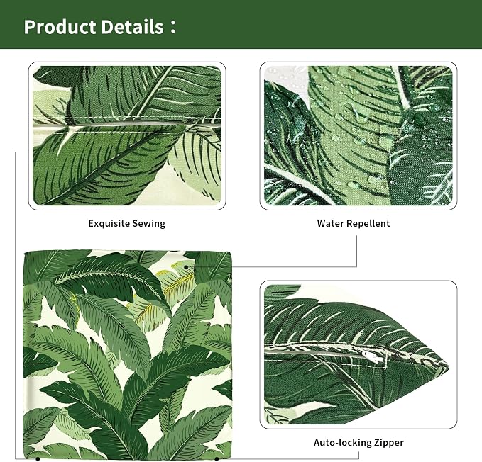 Outdoor Throw Pillow Covers 18”x18”, Decorative Pillow Covers for Patio Furniture, Modern Cushion Cases for Garden Couch Home Sofa Bed Office Chair, Pack of 2, Swaying Palms Green