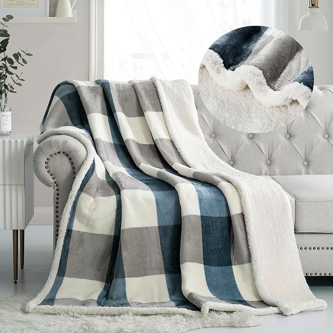 PU MEI Sherpa Fleece Throw Blanket 60" x 80" Reversible Plush Fluffy Large Big Blanket Lattice Flannel Blankets for Sofa Couch Bed (Grey-Soft Blue, 60"*80")