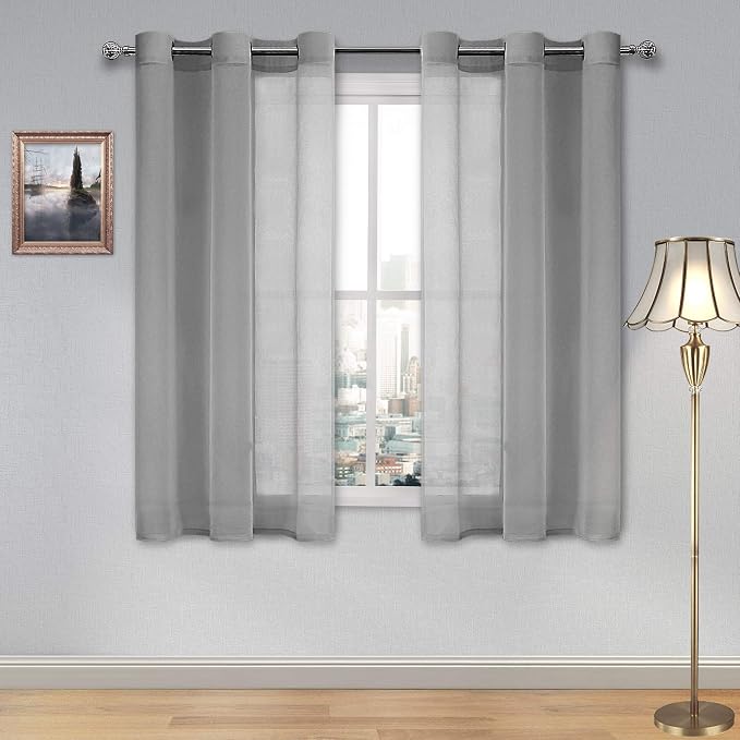 DWCN Grey Sheer Curtains for Living Room Bedroom - Faux Linen Look Voile Drapes Grommet Top Window Curtain Panel 46 x 45 Inch Length, Set of 2 Panels