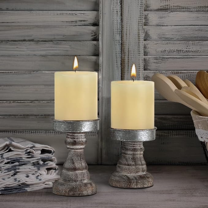 Distressed Wood & Metal Candle Holder, Set of 2 Modern Farmhouse Candlestick Holder, Farmhouse Table Decor, Rustic Decor for Mantel, Dining Table, Coffee Bar Centerpiece