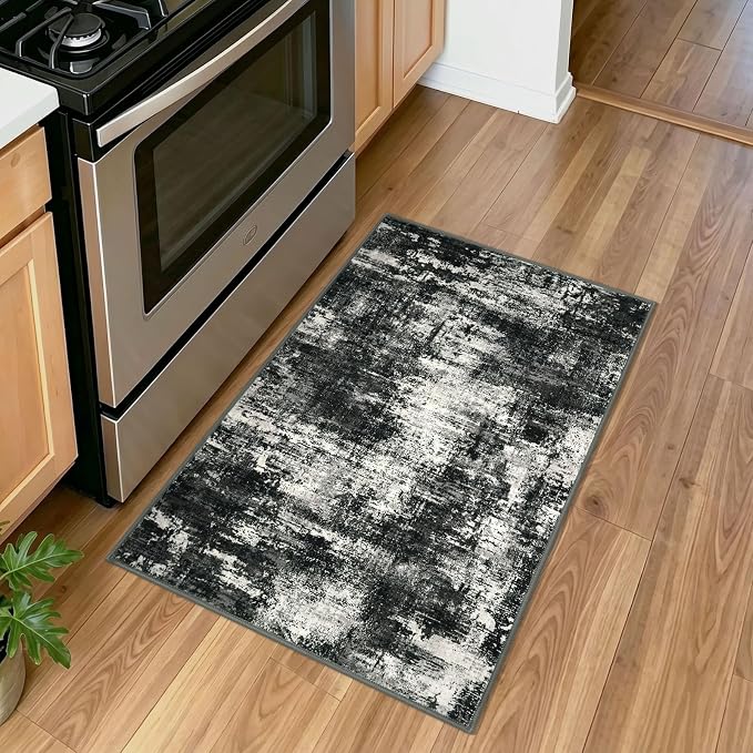 Lansny Abstract Washable Entryway Rug 2x3 Area Rug Small Non Slip Door Mat | Charcoal Black;Thin Printed Faux Wool Kitchen Rugs;Indoor Front Door Rug;Entry Rug;Throw Rugs for Foyer,Entrance;Floor Carpet