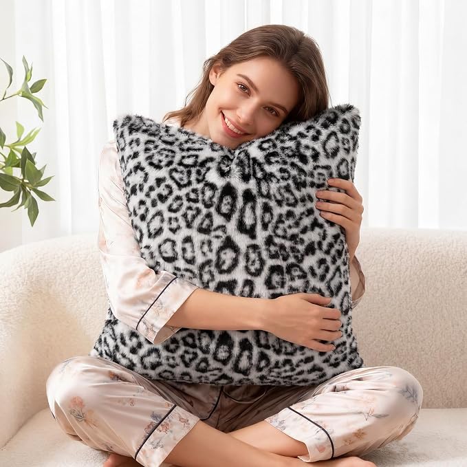 cygnus Snow Leopard Pillow Covers 18x18 inch Set of 2 | Black and White ,Soft Faux Fur Animal Print Throw Pillow Covers,Cheetah Pillowcase for Couch Sofa Bedroom Livingroom