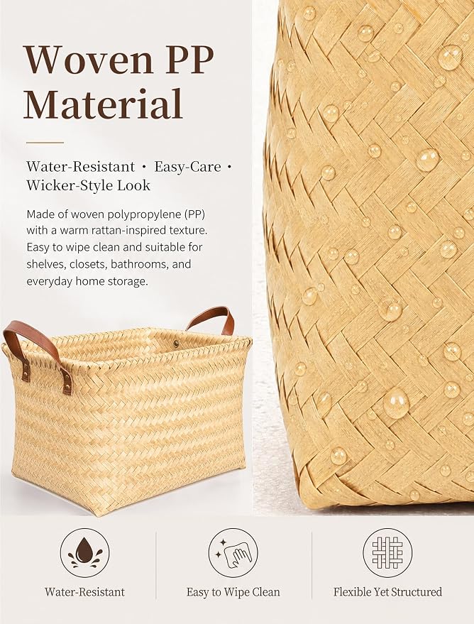 Wicker Storage Baskets, 4 Pack Woven Baskets for Shelves, Yellow | PP Rattan, Water-resistant Wicker Basket, Large Baskets with Faux Leather Handles for Blanket, Laundry Organizer, Room Decor