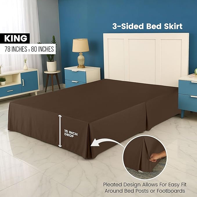King Bed Skirt, Hides Under-Bed Storage 16 Inch Drop, Pleated, Brown | Easy Fit Design, Shrinkage & Fade Resistant, Hotel Style, Microfiber Durable Fabric, Machine Washable
