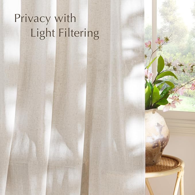 NICETOWN Semi Sheer Vanilla Curtains 84 inches Long, Rod Pocket & Back Tab Light Filtering Window Treatments Privacy Added Drapes for Living Room, W55 x L84, 2 Panels
