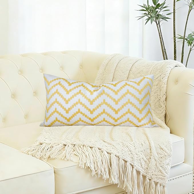 Slow Cow Linen Embroidery Rectangular Pillow Cover Pillowcase Decorative Lumbar Throw Pillow Cover for Couch Sofa 12 x 24 Inches Yellow Gold