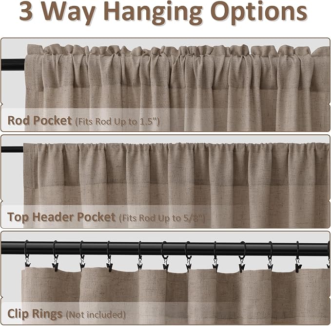 Khaki Linen Curtains 108 Inches Long 2 Panel Set Rod Pocket Semi Sheer Dining Room Cozy Bedroom Decor Cotton Look Country Rustic Farmhouse Boho Curtains 52x108