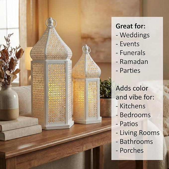 VELA LANTERNS Large Temple Tower Moroccan Lantern Lamp Decorative Candle Holders for Ramadan Decorations, Hanging, Outdoor Patio or Porch, Indoor Home Decor, Weddings, White, Set of 2