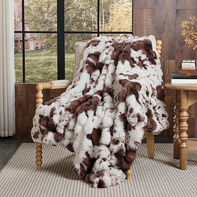Lotus Karen Faux Fur Throw Blanket Cow Print-Dark Brown, Fluffy Fuzzy Plush Bubble Blanket for Couch, 80x60 Inches Cozy Shaggy Rabbit Blanket, Luxury Decorative Gifts for Sofa Bedroom Living Room.