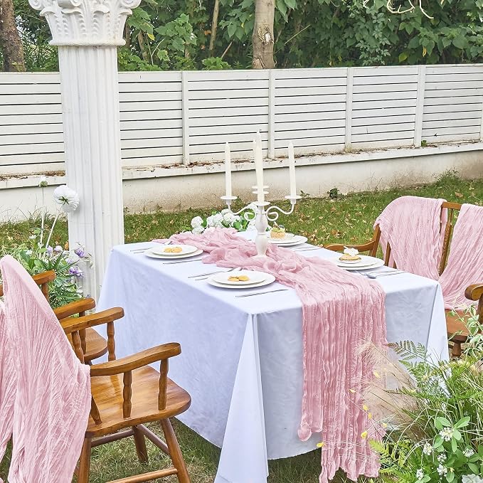 IVAPUPU Pink Table Runner 120 Inches for Wedding Birthday Party Home Decor | 2 Pcs Boho Gauze 10FT Cheesecloth Table Runners for Baby Shower Decorations Summer Garden Farmhouse