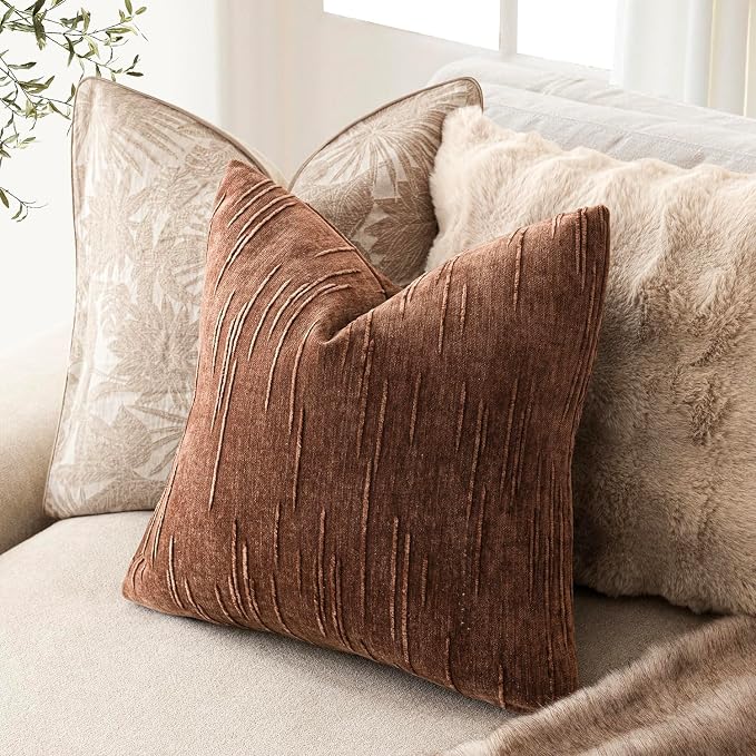 Foindtower Pack of 2 Slubby Textured Chenille Throw Decorative Pillow Covers Square Accent Solid Cushion Cover Cozy Neutral Farmhouse PillowCase for Couch Sofa Bedroom Living Room 20x20 Inch,Red Brown
