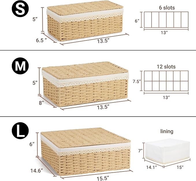 Nonam Rattan Divided Storage Basket with Lid, Set of 3, Natural | Large Basket Organizer for Shelf, Wicker Bins for Closet, Boho Shelf Decor Covered Basket Home Storage Container