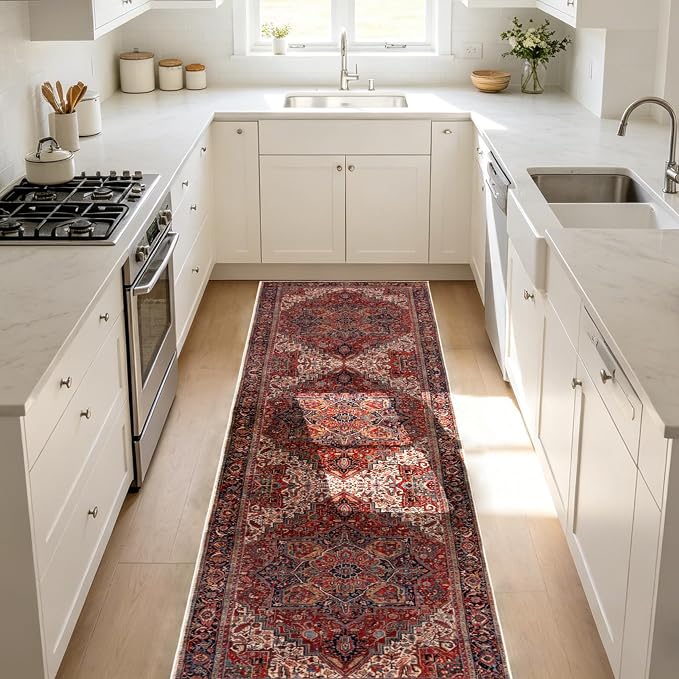 2x8 Rug Runners for Hallways Non Slip, Washable Kitchen Runner Rug | Soft faux wool, machine washable & stain resistant. Non-slip rubber backing, low pile. For hallway, kitchen, bedroom. Red.
