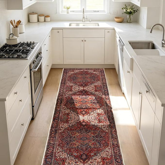 2x8 Rug Runners for Hallways Non Slip, Washable Kitchen Runner Rug | Soft faux wool, machine washable & stain resistant. Non-slip rubber backing, low pile. For hallway, kitchen, bedroom. Red.