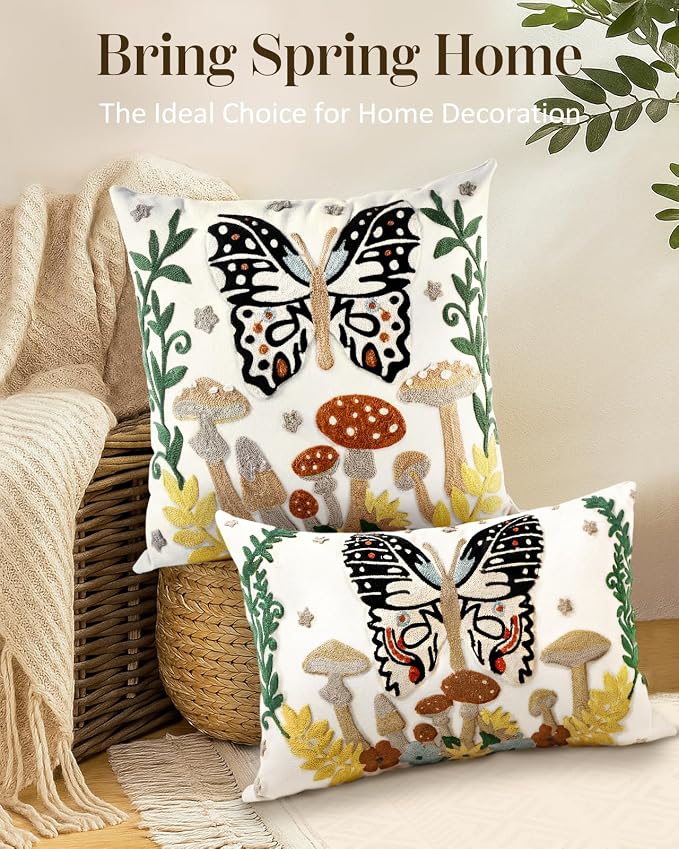 Embroidered Throw Pillow Cover - 20x20 Decorative Pillow Cover with Zipper Aesthetic Cute Design Boho Spring Summer Throw Pillowcase for Living Room Couch Sofa Bed, Butterfly Moon