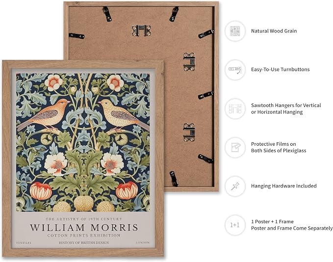 Poster Master William Morris Poster - Strawberry Thief Print - Bird Art - Botanical Design - Flower Art - Exhibition Display - Animal Illustration - Floral Design - Office or Bedroom Wall Decor - 8x10 Beige Framed