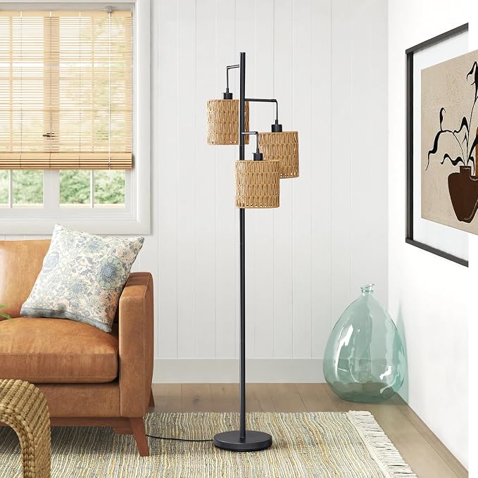 Maxax 65" Boho Rattan Floor Lamp for Living Room, 3 Lights Farmhouse Tree Standing Lamp with Rattan Shades, Multi Head Vintage Tall Floor Lights for Bedroom, Living Room, Office
