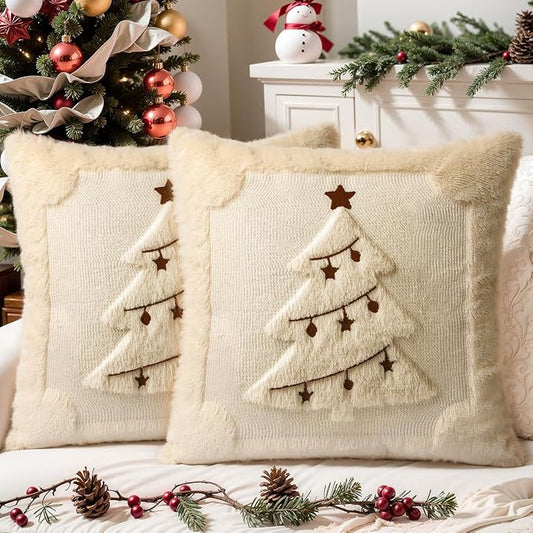 Christmas Pillow Covers Set of 2 Soft Plush Faux Fur Pillow Cases 3D Embroidered Decorative Couch Cover Home Decor Christmas Throw Pillow Covers 18x18,Beige Christmas Tree