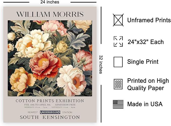 Poster Master William Morris Poster - Peony Print - Botanical Art - Flower Art - Exhibition Artwork - Animal Creation - Floral Piece - Aesthetic Illustration - Colorful Office or Bedroom Decor - 24x32 UNFRAMED Wall Piece